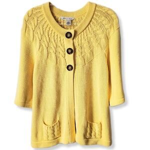 Women Chunky Yellow Cable Cardigan Sweater L Grannycore Cottage Pastel Twee